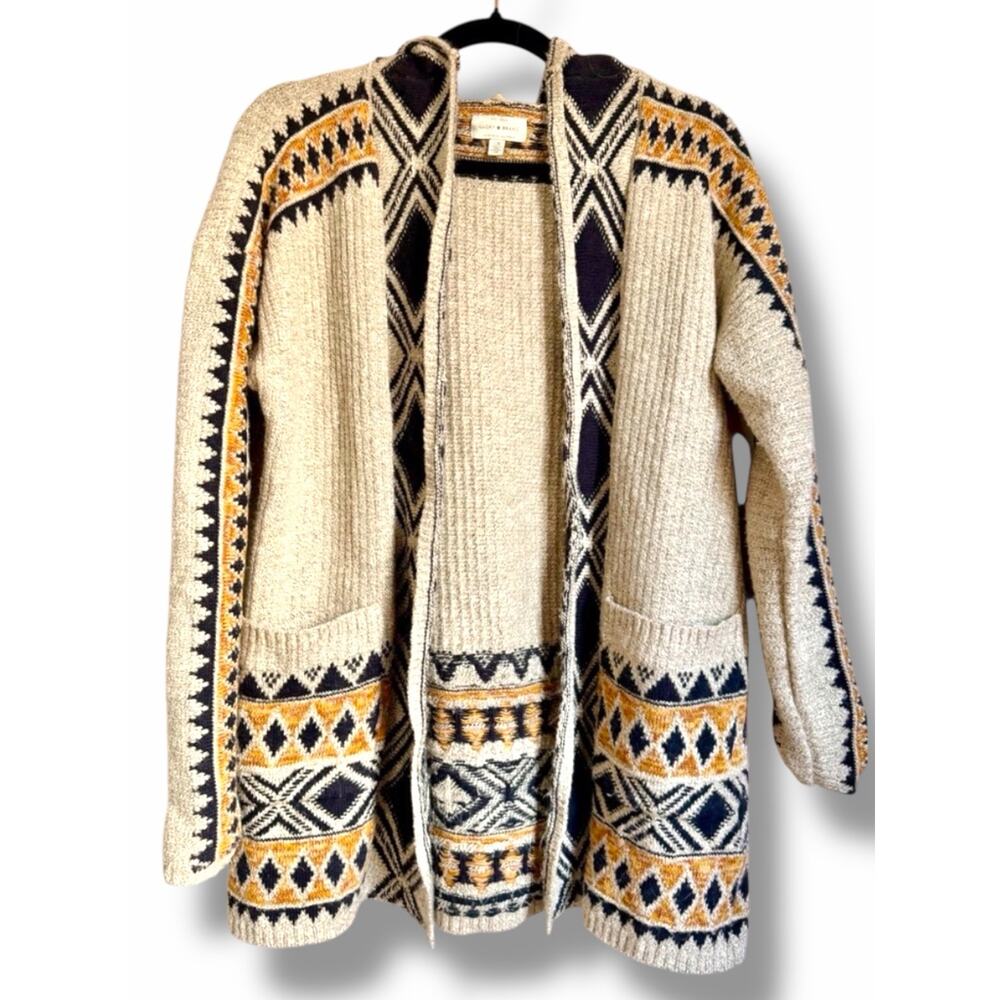 Lucky Brand Hooded Open Cardigan Sweater Size Large Aztec Tribal Southwestern
